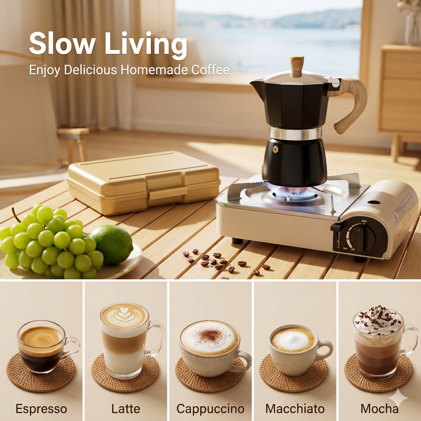 M Buder 6 Cup Moka Pot, Stovetop Espresso Pots, Italian Coffee Maker, 10oz Moka Express for Camping, Aluminium, Beige