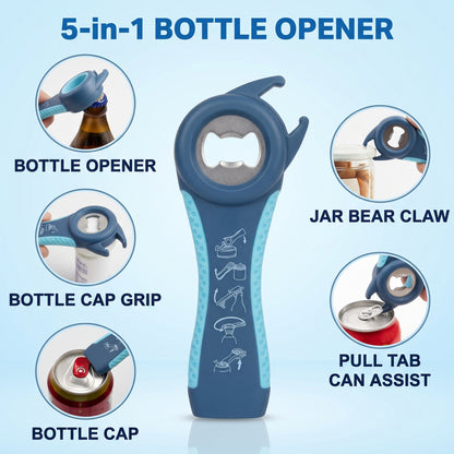 M Buder Jar Opener Set for Weak Hands, 5-in-1 Multi-Function Bottle Opener and Lid Opener for Seniors with Arthritis, Non-Slip Silicone Gripper Pad, Blue