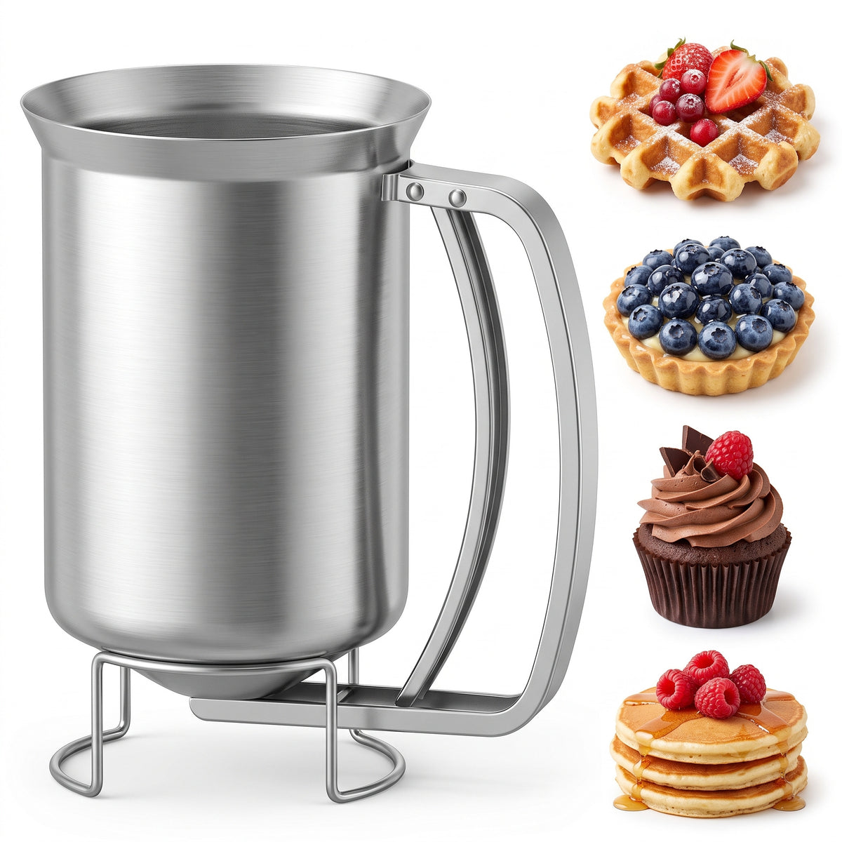 M Buder Pancake Batter Dispenser, Stainless Steel Handheld Baking Batter Funnel with Stand for Pancakes, Cupcakes, Baked Goods