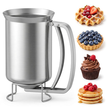 M Buder Pancake Batter Dispenser, Stainless Steel Handheld Baking Batter Funnel with Stand for Pancakes, Cupcakes, Baked Goods