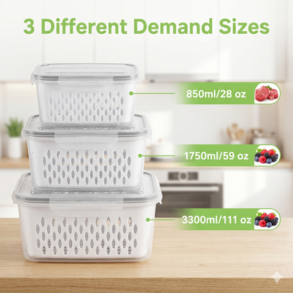 M Buder Fruit Storage Containers for Fridge, 3 PCS Leakproof Food Storage Containers with Removable Colander, Produce Containers keep Fruits, Vegetables, Snacks and Food Fresh Longer
