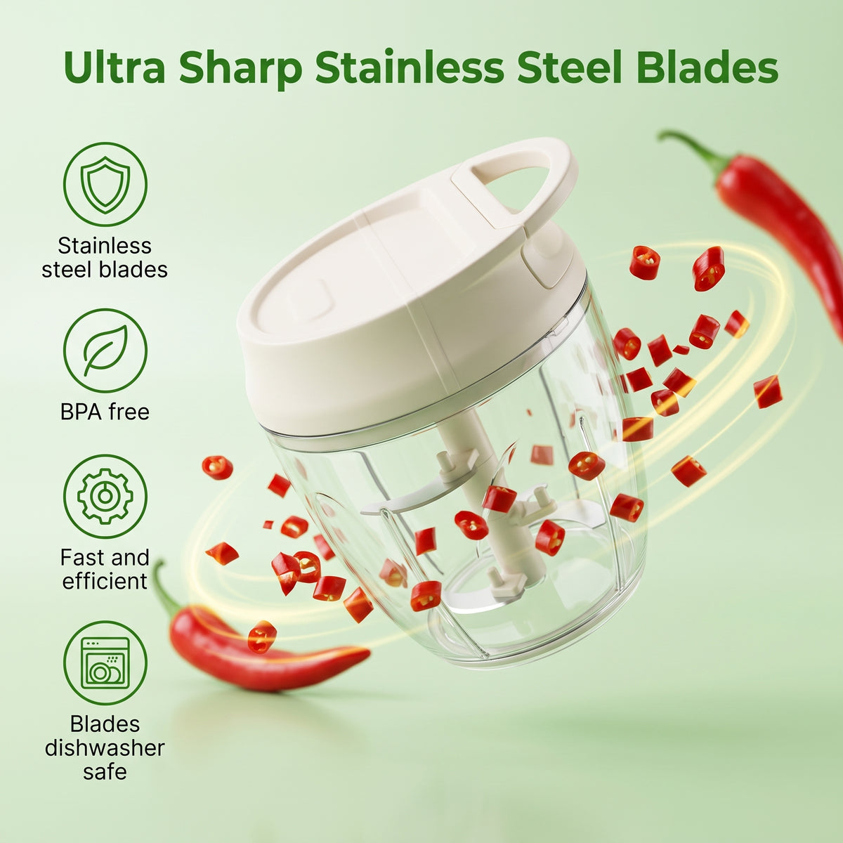 M Buder Garlic Chopper, 250ml Manual Food Processor, Mini Food Chopper for Ginger, Chili, Fruit, Meat, 304 Stainless Steel Blade