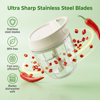 M Buder Garlic Chopper, 250ml Manual Food Processor, Mini Food Chopper for Ginger, Chili, Fruit, Meat, 304 Stainless Steel Blade