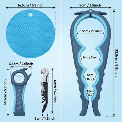 M Buder Jar Opener Set for Weak Hands, 5-in-1 Multi-Function Bottle Opener and Lid Opener for Seniors with Arthritis, Non-Slip Silicone Gripper Pad, Blue
