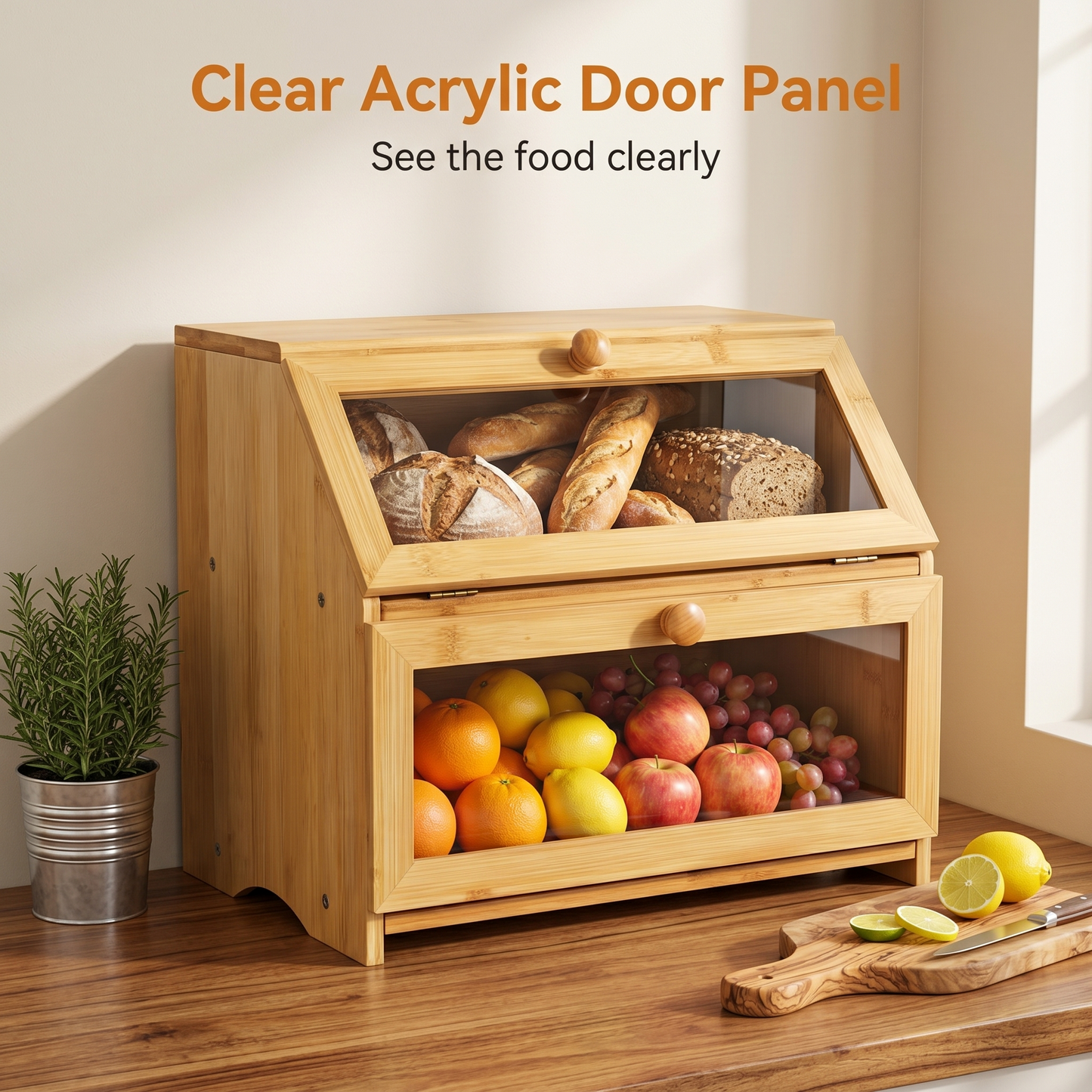 M Buder 2-Layer Wood Bread Box, Bamboo Bread Box for Kitchen Counters, Wooden Bread Storage Organizer with Clear Acrylic Doors, Ventilation and Flat Top