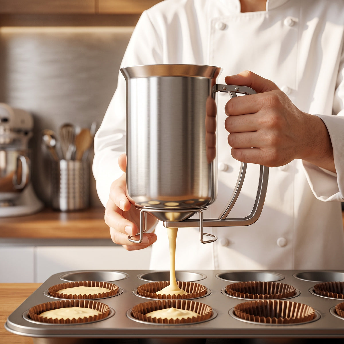 M Buder Pancake Batter Dispenser, Stainless Steel Handheld Baking Batter Funnel with Stand for Pancakes, Cupcakes, Baked Goods
