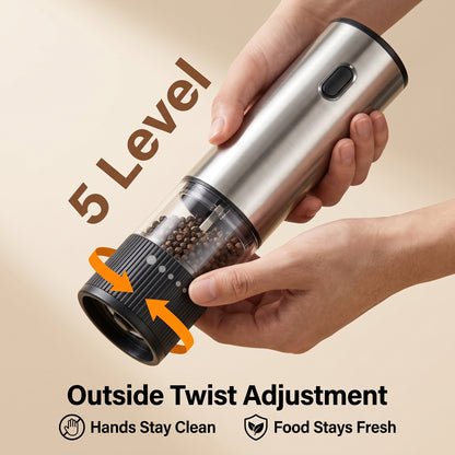 M Buder Electric Salt and Pepper Grinder Set, USB Charge Salt Grinder with Hold Stand, Pepper Mill Shakers Adjustable Coarseness Easy Filling, 2 Pack, Silver