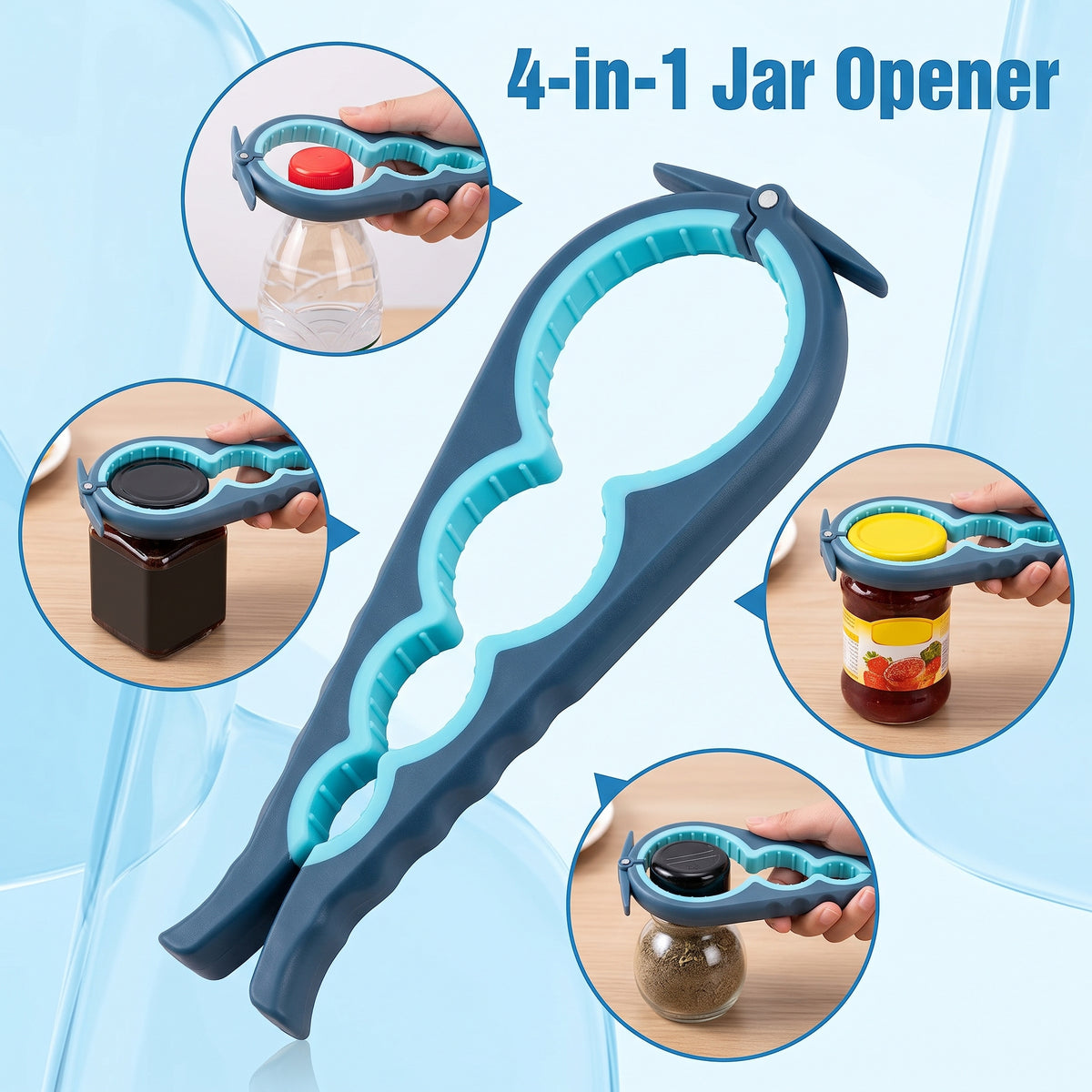 M Buder Jar Opener Set for Weak Hands, 5-in-1 Multi-Function Bottle Opener and Lid Opener for Seniors with Arthritis, Non-Slip Silicone Gripper Pad, Blue