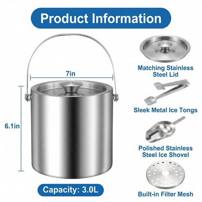 M Buder 3L Double Wall Ice Bucket, Stainless Steel Insulated Ice Bucket with Lid, Scoop for Parties & Cocktail Bar, Ideal for Gift