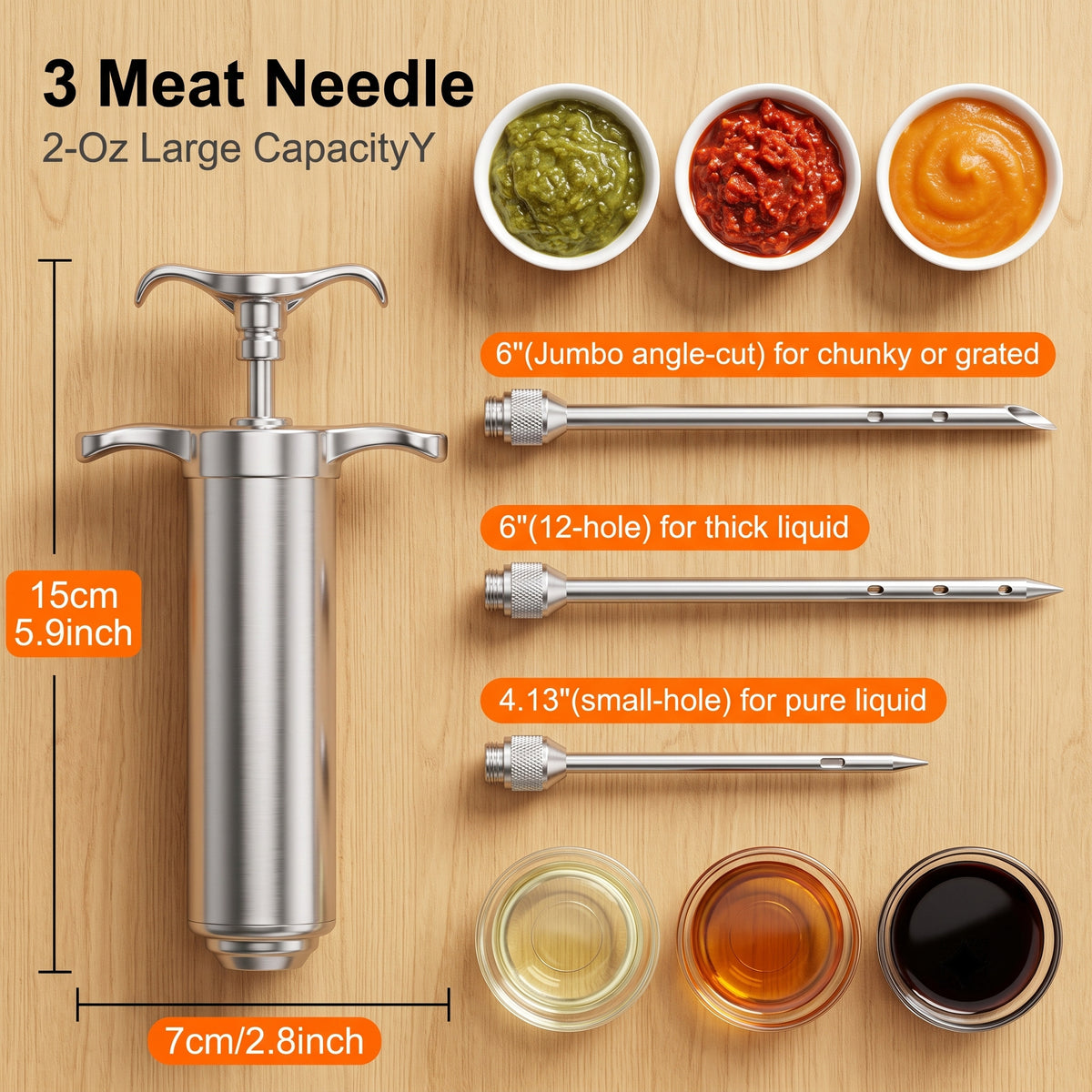 M Buder Stainless Steel Meat Injector Syringe Kit, Meat Injector with 3 Marinade Needles, Silicone & Cleaning brush, Injector Marinades for Meat, Turkey, Brisket