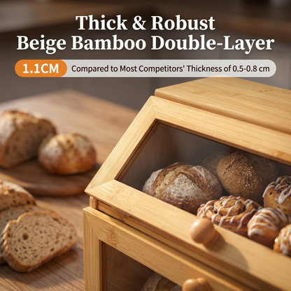 M Buder 2-Layer Wood Bread Box, Bamboo Bread Box for Kitchen Counters, Wooden Bread Storage Organizer with Clear Acrylic Doors, Ventilation and Flat Top