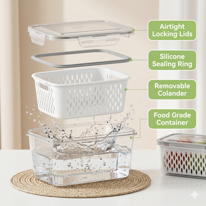 M Buder Fruit Storage Containers for Fridge, 3 PCS Leakproof Food Storage Containers with Removable Colander, Produce Containers keep Fruits, Vegetables, Snacks and Food Fresh Longer