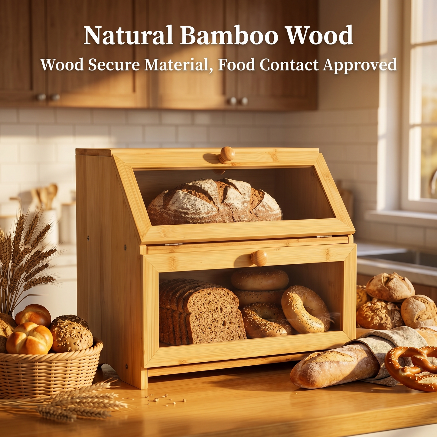 M Buder 2-Layer Wood Bread Box, Bamboo Bread Box for Kitchen Counters, Wooden Bread Storage Organizer with Clear Acrylic Doors, Ventilation and Flat Top