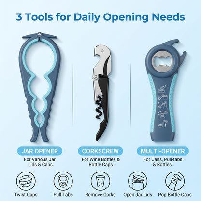 M Buder Jar Opener Set for Weak Hands, 5-in-1 Multi-Function Bottle Opener and Lid Opener for Seniors with Arthritis, Non-Slip Silicone Gripper Pad, Blue