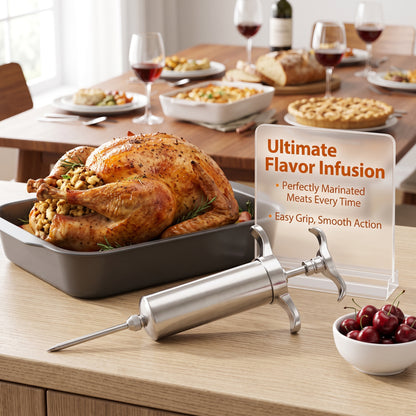 M Buder Stainless Steel Meat Injector Syringe Kit, Meat Injector with 3 Marinade Needles, Silicone & Cleaning brush, Injector Marinades for Meat, Turkey, Brisket