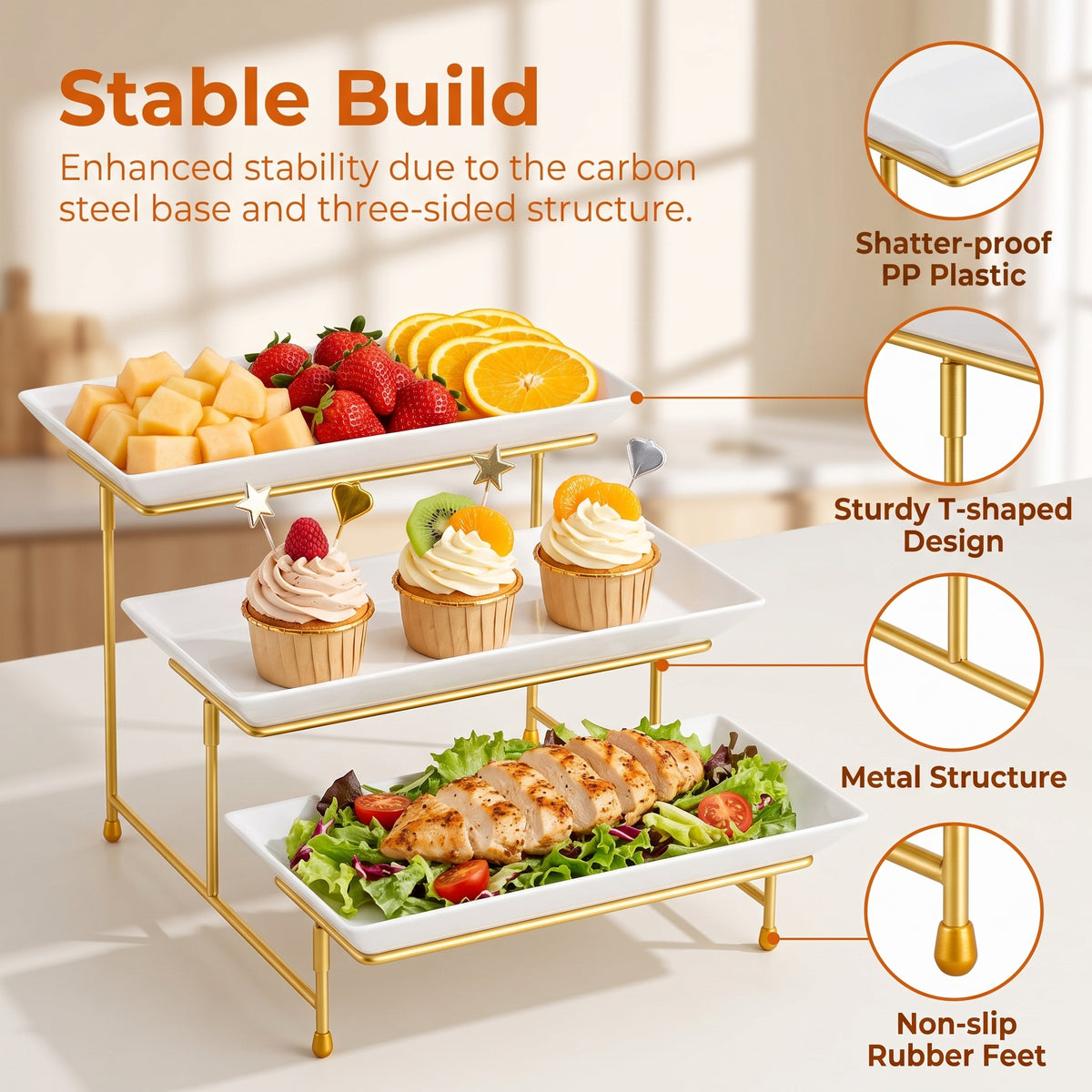 M Buder 3 Tier Serving Tray Set, 12"Reusable Serving Tray for Party, Tiered Serving Trays Platters with Collapsible Sturdier Stand for Veggie, Fruit, Dessert
