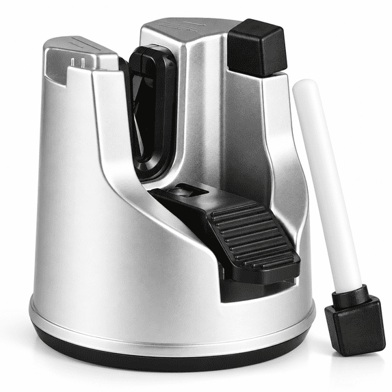 GigBu 3-in-1 Kitchen Knife Sharpener with Suction Cup Base, Manual Sharpening Tool for Straight & Serrated Knives and Scissors, Silver/Black