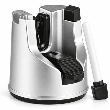 GigBu 3-in-1 Kitchen Knife Sharpener with Suction Cup Base, Manual Sharpening Tool for Straight & Serrated Knives and Scissors, Silver/Black
