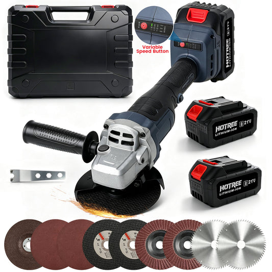 HOTREE 21V Cordless Brushless Angle Grinder Kit, 4-1/2 Inch, with 2 Batteries, Fast Charger, Cutting/Grinding/Polishing Accessories and Hard Case for Metal & Wood