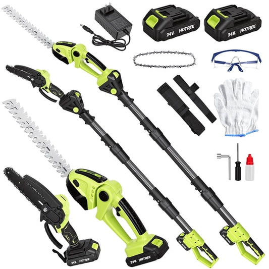 HOTREE 21V Cordless Pole Hedge Trimmer, 3-in-1 with 6 in Pole Saw & Branch Saw Attachment, 2.0Ah Battery & Charger, 16 ft Reach