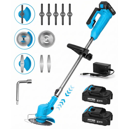 HOTREE 21V Cordless Electric String Trimmer & Weed Wacker Edger, 2x 2.0Ah Batteries, 3 Blades & Adjustable Handle for Yard Care
