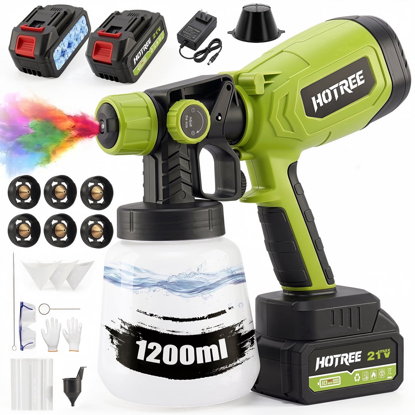 HOTREE 21V Cordless HVLP Paint Sprayer with 2 Batteries, 1000ml, 6 Nozzles for Furniture & Fences
