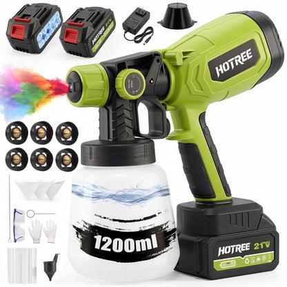 HOTREE 21V Cordless HVLP Paint Sprayer with 2 Batteries, 1000ml, 6 Nozzles for Furniture & Fences