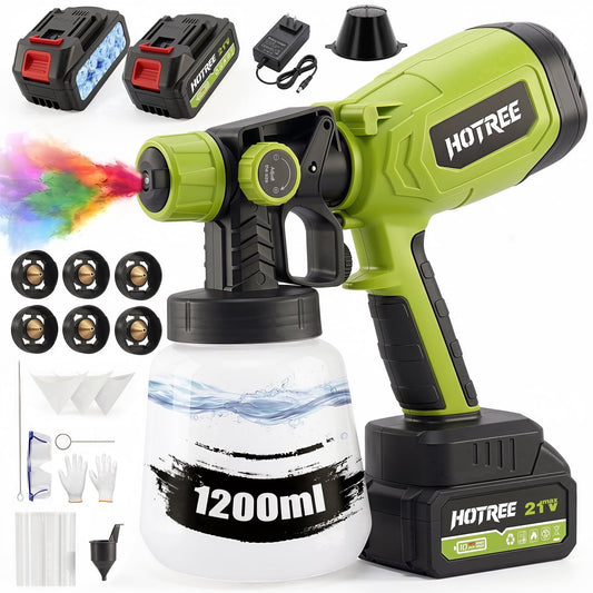 HOTREE 21V Cordless HVLP Paint Sprayer with 2 Batteries, 1000ml, 6 Nozzles for Furniture & Fences