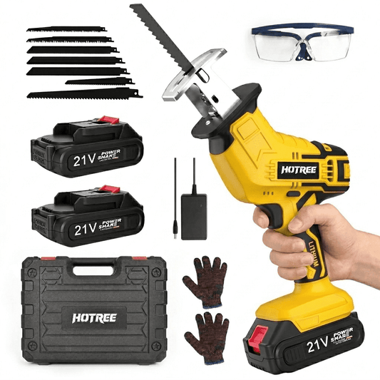 HOTREE Cordless Reciprocating Saw, Variable Speed, 2 x 2.0Ah Batteries, Blades Kit for Wood, Metal, PVC Cutting, Yellow