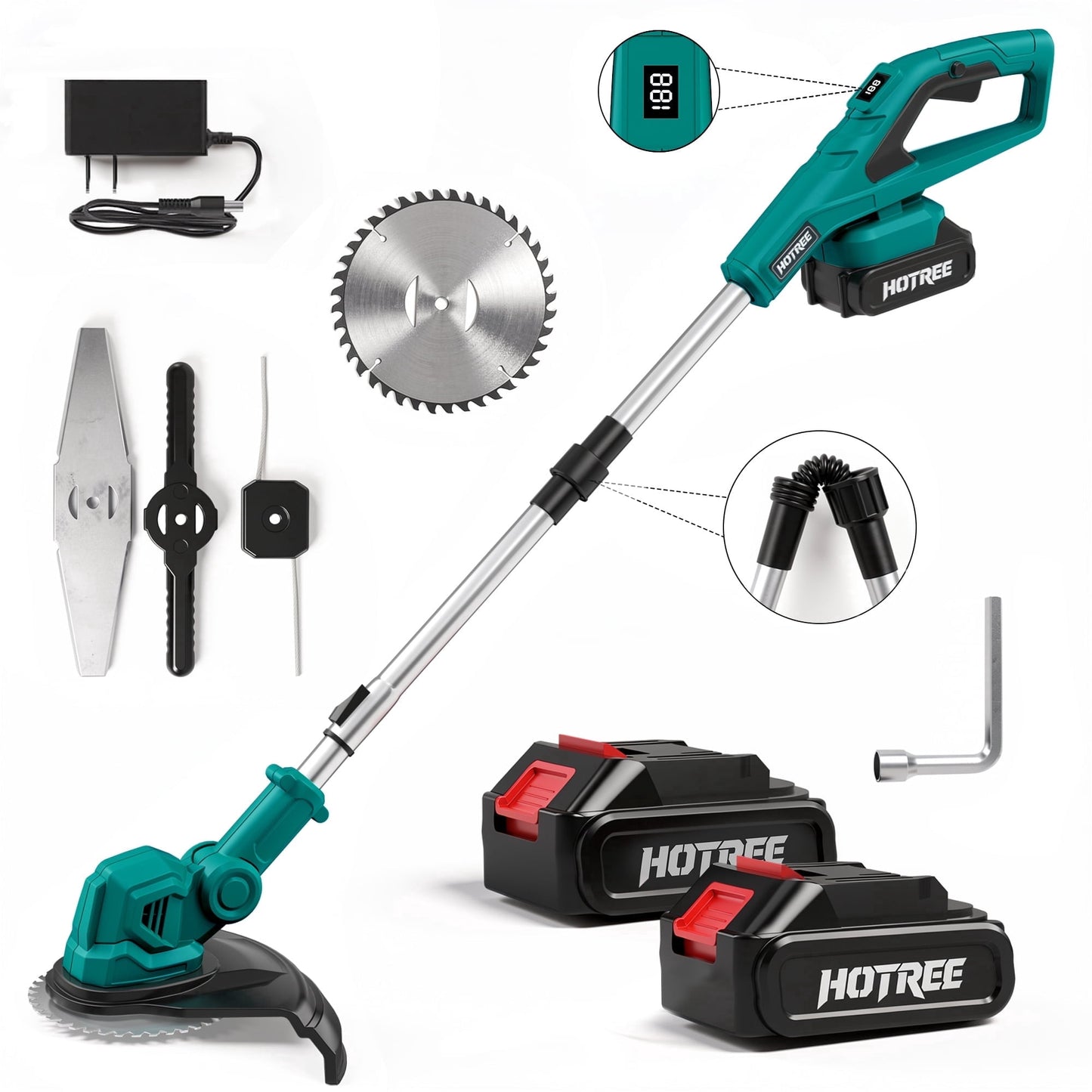 HOTREE 21V Cordless String Trimmer and Edger with 2.0Ah Battery and Charger, Foldable 3-in-1 Weed Wacker and Brush Cutter with Digital Display, Blue