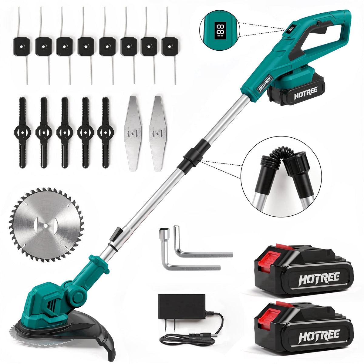 HOTREE 21V Cordless String Trimmer and Edger with 2.0Ah Battery and Charger, Foldable 3-in-1 Weed Wacker and Brush Cutter with Digital Display, Blue