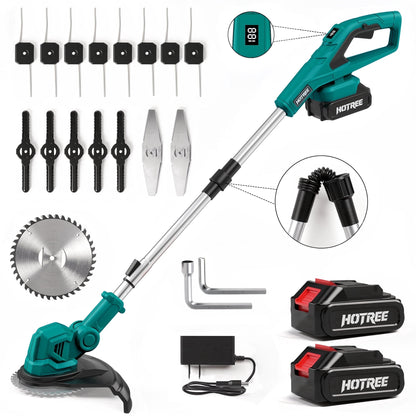 HOTREE 21V Cordless String Trimmer and Edger with 2.0Ah Battery and Charger, Foldable 3-in-1 Weed Wacker and Brush Cutter with Digital Display, Blue