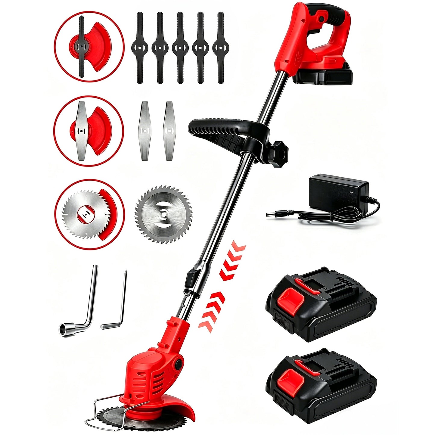 HOTREE 12-Inch 21V Cordless Weed Wacker & String Trimmer, 3-in-1 Lightweight Brush Cutter with 2 Batteries (2.0Ah), Red