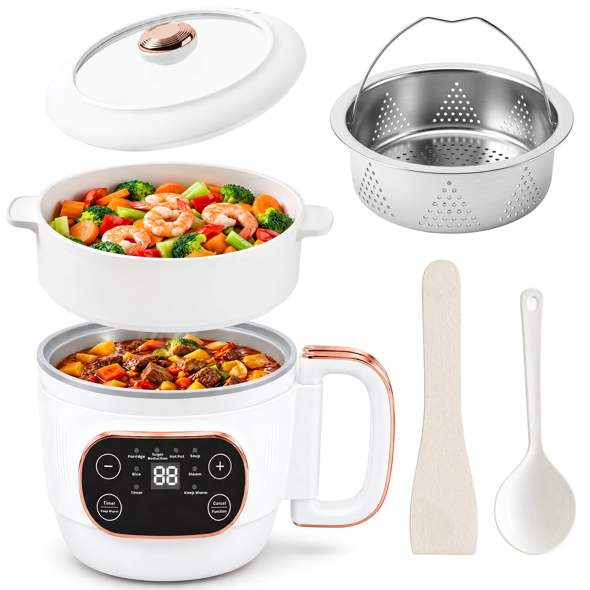 ICETear Portable Electric Cooking Pot with Foldable Handle, Mini Hot Pot & Low Sugar Rice Cooker, Titanium Non-Stick Inner Pot, 6 Smart Menus, Off-White