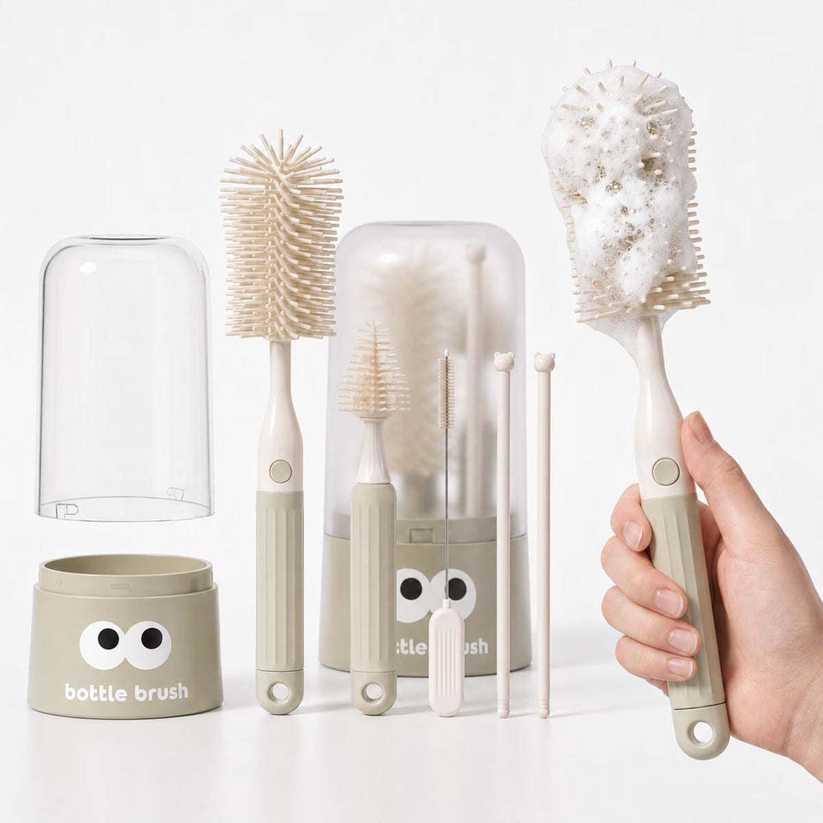 ZNQPLF Bottle Brush, 5-in-1 Baby Bottle Brush Set with Dust-Proof Storage Can, Silicone Bottle Brush Cleaner for Bottles Nipples Straws, Portable Baby Bottle Cleaning Kit, Beige Coffee