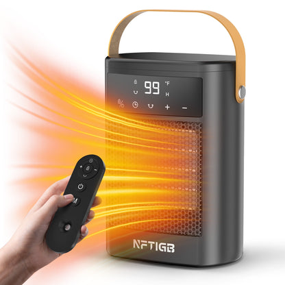 NFTIGB Small Portable Space Heater for Indoor with Remote, 1500W PTC Electric Heaters 70°Rotating, 12 H Timer,3 Modes, New