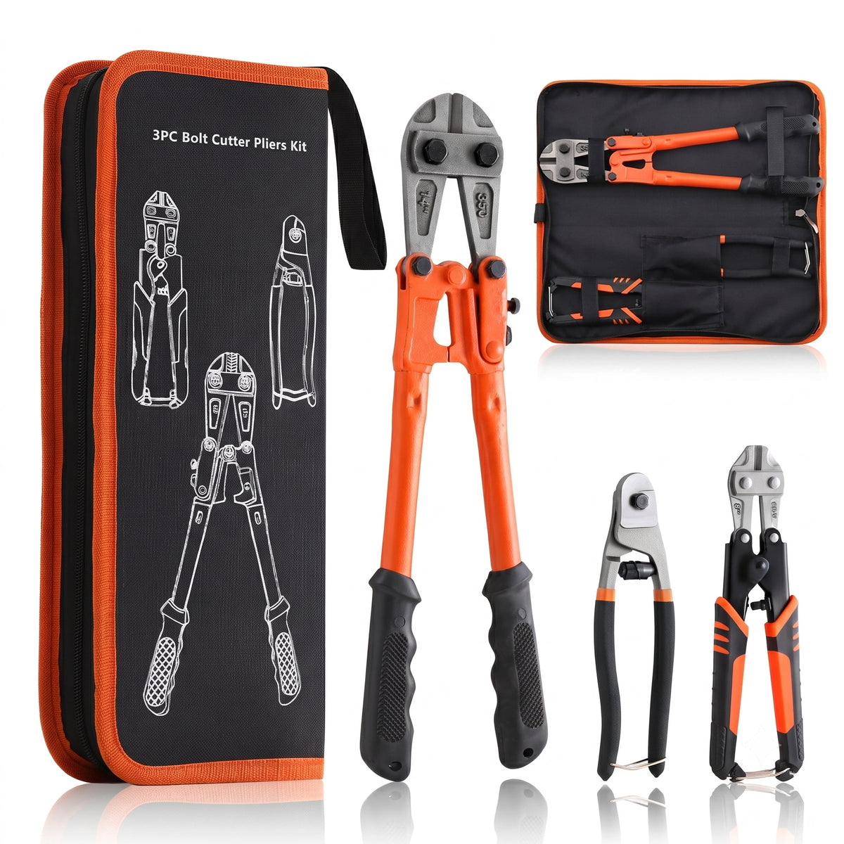 OHHANI 3-Piece Bolt Cutter Set, 14" Heavy Duty & 8" Mini Sizes, 8" Wire Rope Cutter, CR-V Blades, Portable Carry Case for Locks, Chains & Iron Wire