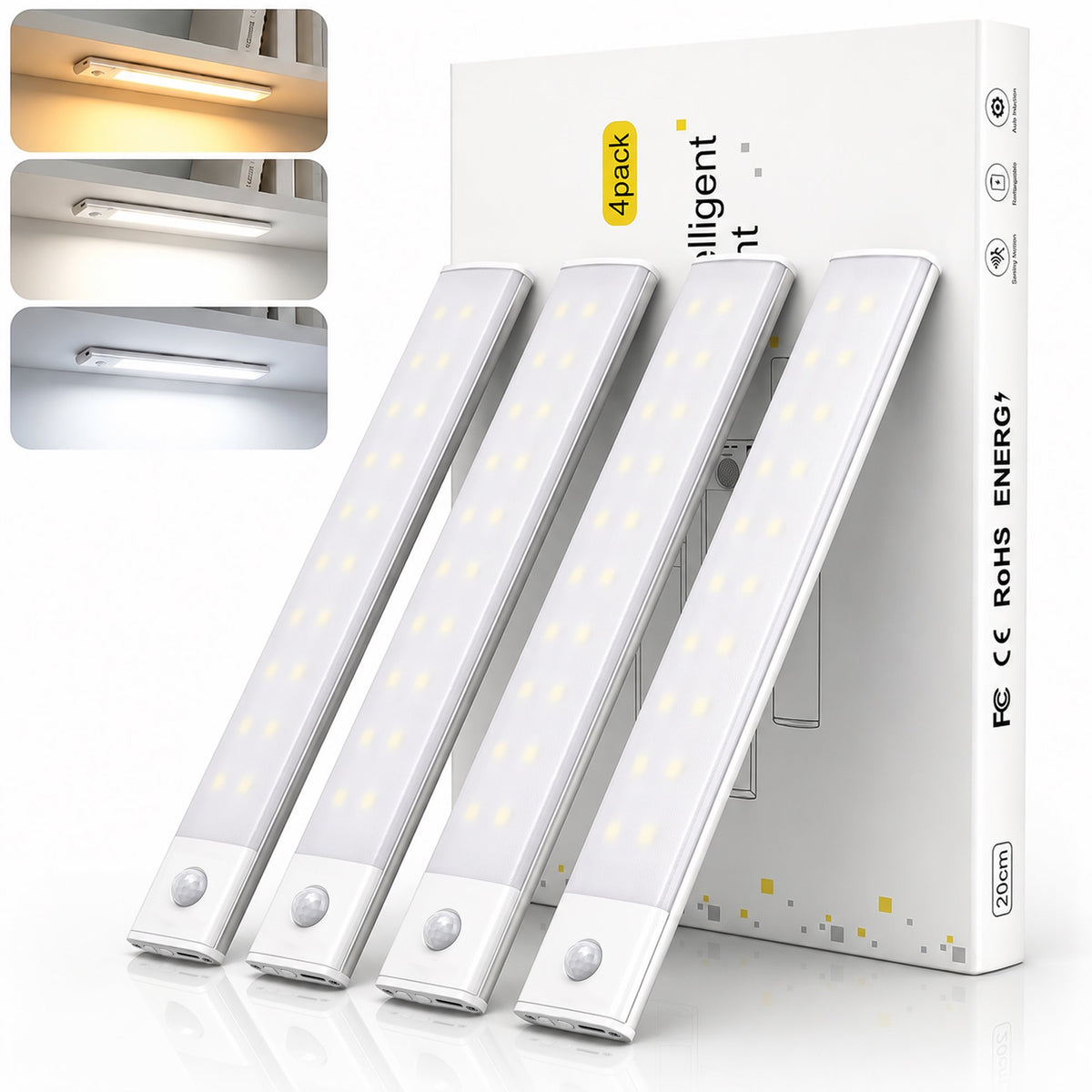 OHHANI 34 LED Under Cabinet Lights, 3 Color Temperature Adjustable, Usb Rechargeable Motion Sensor Lights with Magnetic Strip for Kitchen, Wardrobe, Stairs, 4 Pack