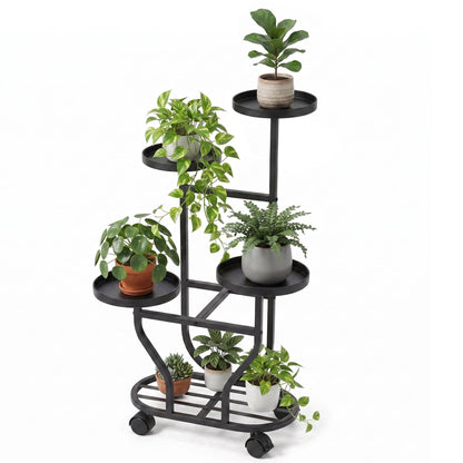 OHHANI 5-Tier Metal Plant Stand with Wheels, Tall Indoor/Outdoor Corner Flower Pot Display Shelf, Matte Black