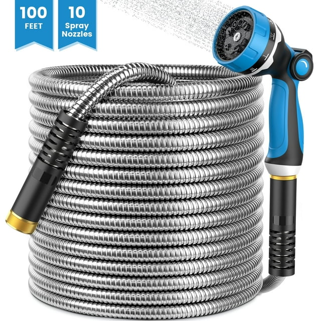OHHANI Hose, 100 ft x 5/8", Stainless Steel Garden Hose with 10-Function Sprayer, No Kink