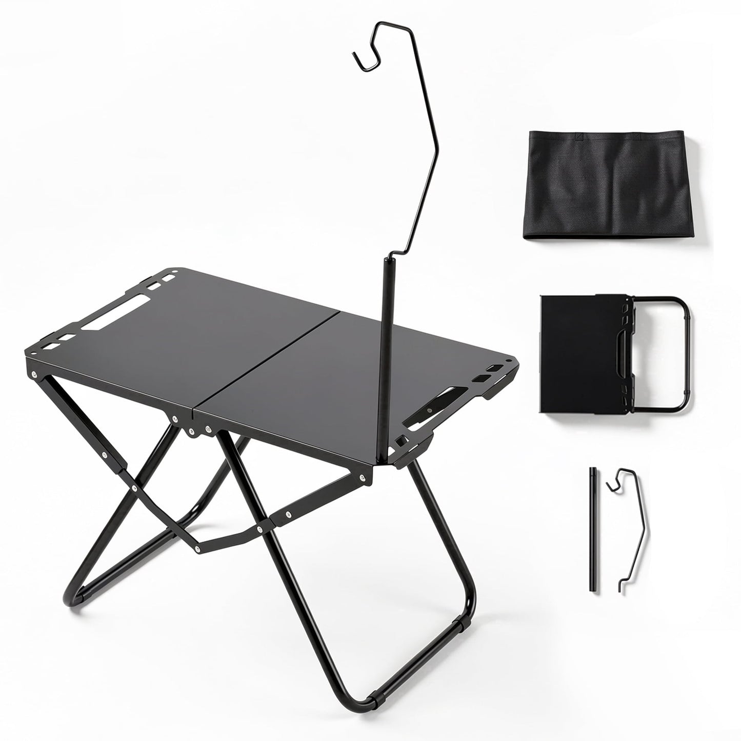 OHHANI Portable Folding Camping Table with Lantern Stand, Lightweight Tactical Aluminum Picnic Table with Storage Bag, Black