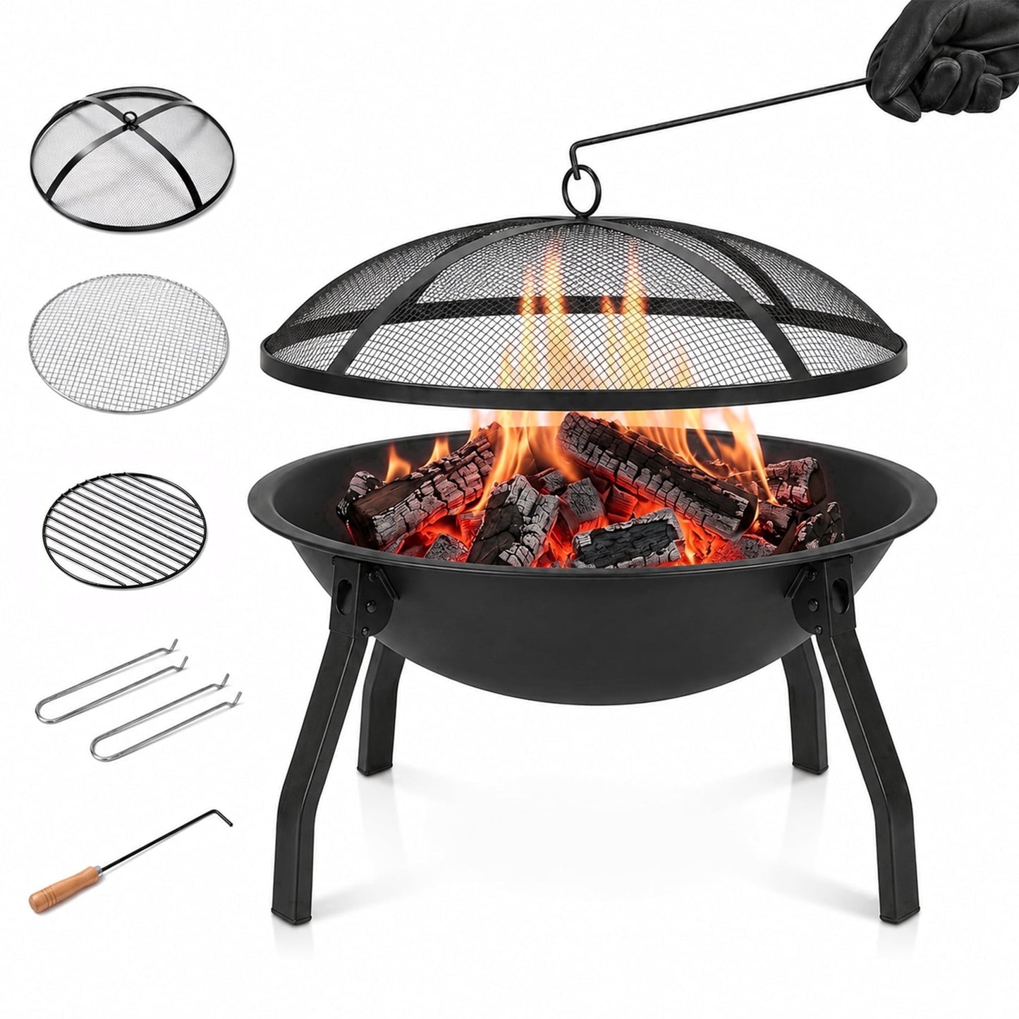 OHHANI Portable Outdoor Fire Pit, Heavy Duty Steel Wood Burning Fireplace with Spark Screen, Grill Grate & Poker, Black