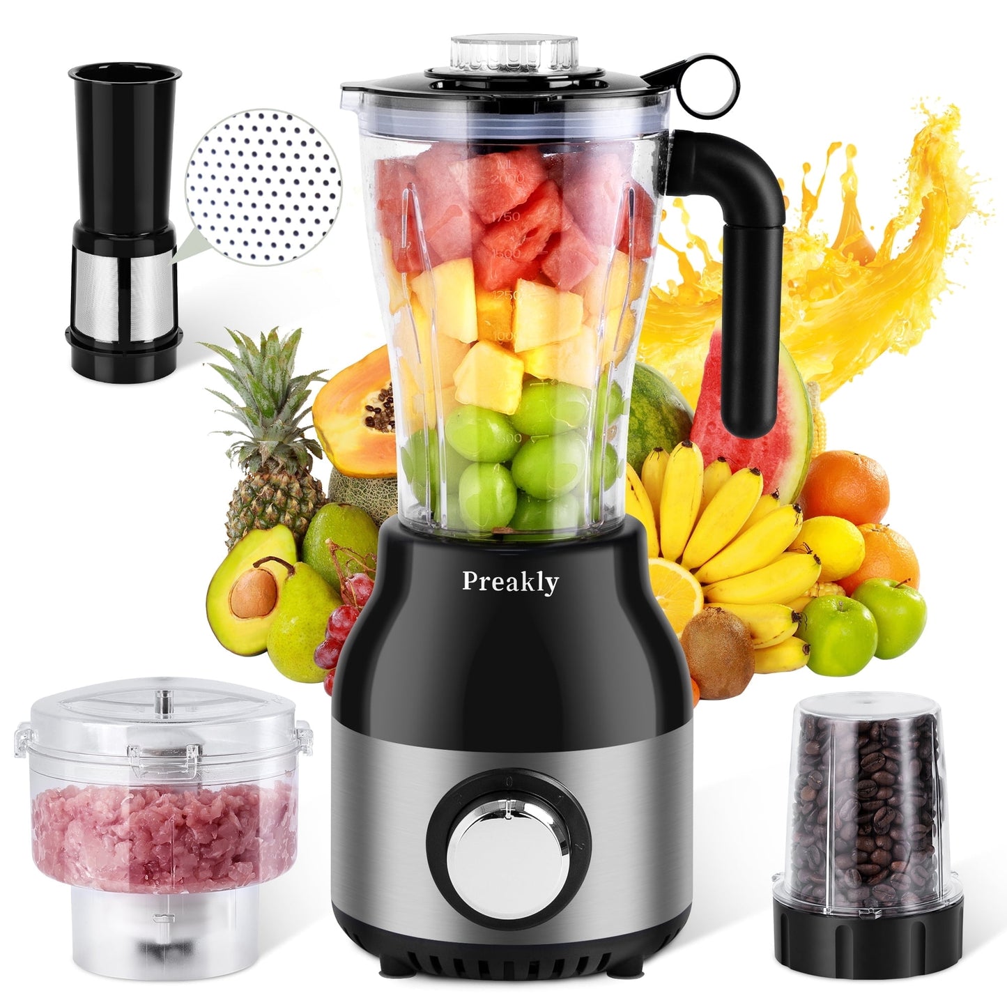 Preakly Countertop Blender Food Processor Combo, 4 in 1 Kitchen Electric Blender/Grinder/Chopper,New