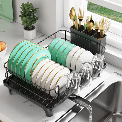 Riousery Dish Drying Rack for Kitchen Counter, Compact Dish Rack Drain Set with Utensil Holder,Cup Holder,Black