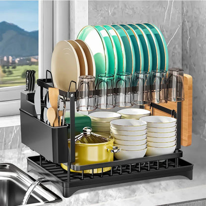 Riousery 2 Tier Dish Racks for Kitchen Counter, Dish Drying Rack with Dish Drainer, Durable Stainless Steel Dish Rack Drain Set with Utensil Holder, Cutting Board Holder, Kitchen Dishes Organizers