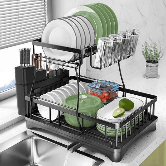 Riousery 2 Tier Dish Racks for Kitchen Counter, Dish Drying Rack with Dish Drainer, Stainless Steel Dish Rack Drain Set with Utensil Cups Holders, Drain Board with Drainage, Kitchen Organizers