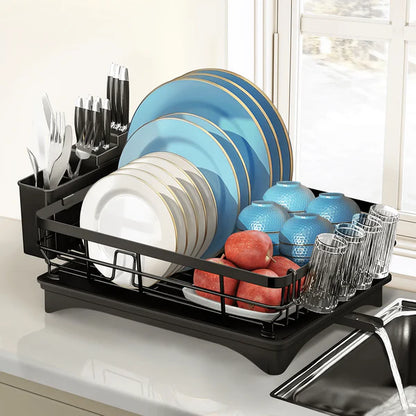 Riousery Dish Rack Dish Drainers for Kitchen Counter, Dish Drying Rack Drain Board Set with Utensil Holder, Cup Holder, Kitchen Dishes Storage and Organizers