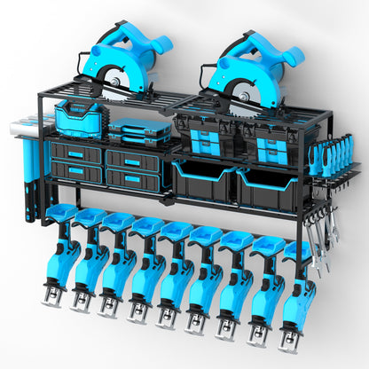 Riousery Heavy Duty Power Tool Organizer Wall Mount, 8 Drill Holder Rack with Hooks, 4-Tier Tool Storage Shelf with 350Lbs Load Capacity, Garage Tool Rack for Workshop Shed Pegboard Wall