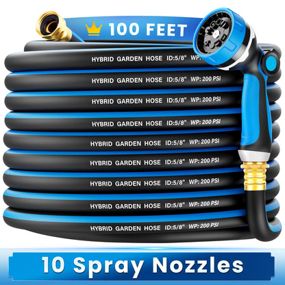 OHHANI Garden Hose 100 FT x 5/8”, No Kink Water Hose for Outdoor with 10 Function Sprayer Nozzle