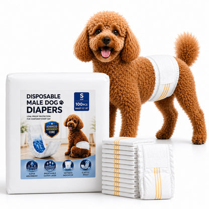 Sunypet Disposable Male Dog Wraps with Stretchy Waistband, Small, 100 Count – Leak-Resistant & Absorbent for Training, Travel, Excitable Urination